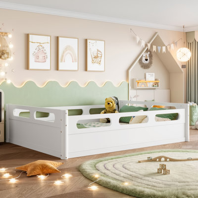 White Twin Floor Platform Bed with Guardrails, Low Profile Kids Bed Frame with Wood Slats Support