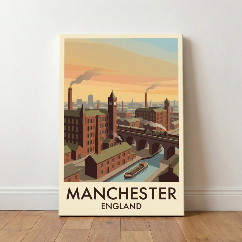 Manchester, England - Romantic Industrial Skyline Travel Poster. Giclee Print On Wrapped Canvas. Wall Art, Home Decor - Cities & Towns, England - Wrapped Canvas Print