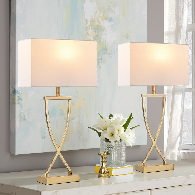 21'' Minimalist Table Lamp Set Of 2, Rectangular Linen Shades, Gold, White