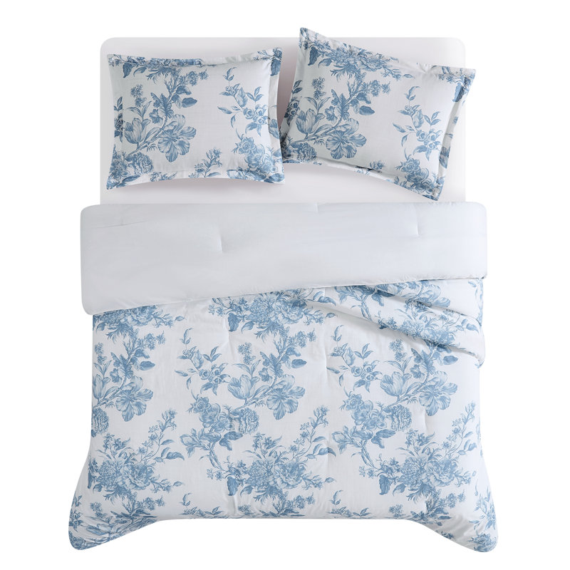 Floral Toile Comforter Set, King Comforter + 2 King Shams, Blue Floral
