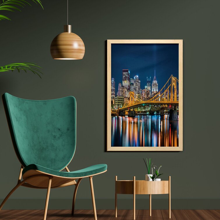 Rachel Carson Bridge and Reflection on River Landscape Nighttime - Picture Frame Photograph Print on Fabric