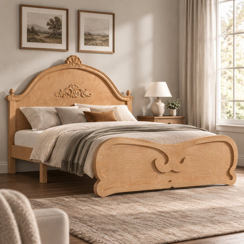 Lit plateforme double avec tête de lit, structure en bois massif sculpté rétro et support à lattes, lit bas pour enfants et adolescents, naturel