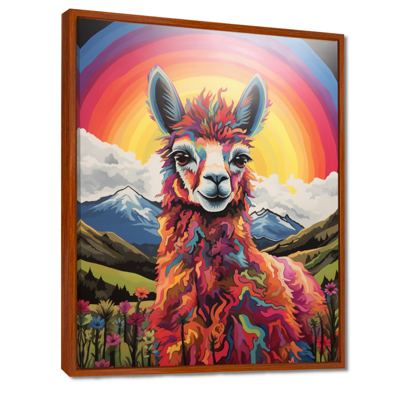 Alpaga au Chili paysage de montagne arc-en-ciel II - lama, décoration murale animal, Cadre flottant brun