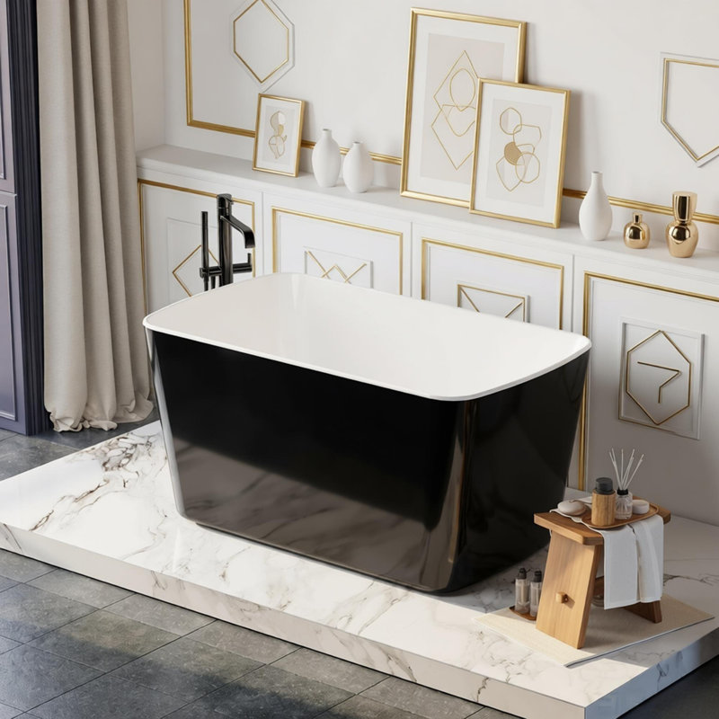 49'' x 28'' Acrylic Freestanding Soaking Bathtub, Square-shape Japanese Soaking Hot Tub, Sit-In Design with Chrome Overflow and Drain, Glossy Black