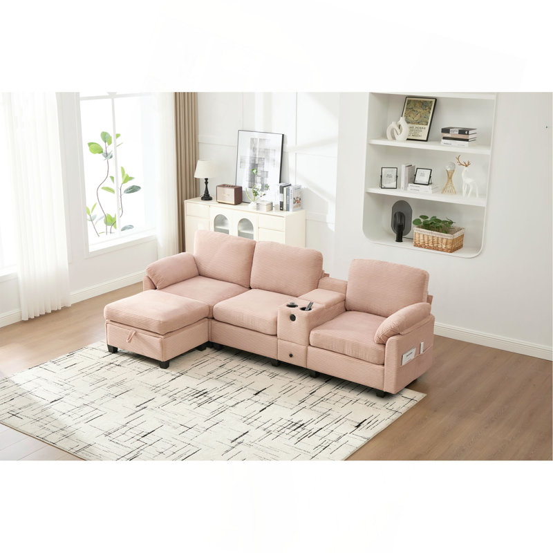 L-Type Multifunctional Corduroy Sofa: 4-Seater Segmented Design With Cup Holder/USB Interface/Storage Box, Equipped With Movable Console+Ottoman Style Storage Space, Optimized For Apt.