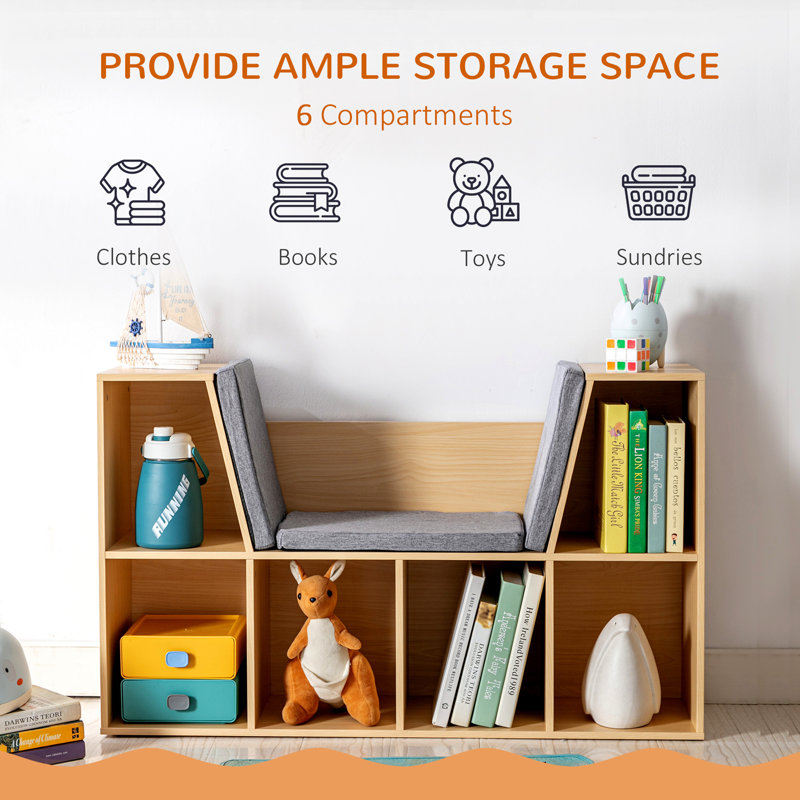 Bookcase With Reading Nook And Cushion, Multi-Purpose Storage Organizer, Brown