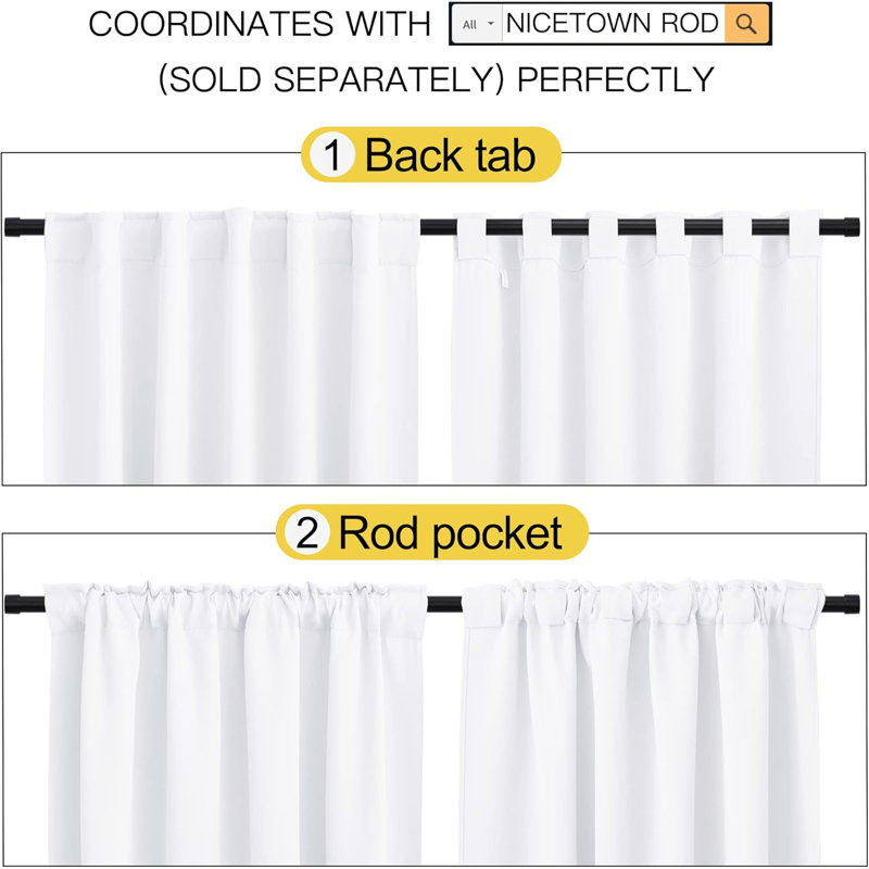Blackout Curtain Light & Noise Reducing Room Darkening Drapes for Bedroom/Living Room/Kitchen, 2 Pieces, 42" W x 63" L, White