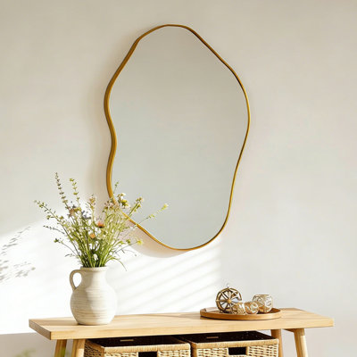 Cloud Shaped Wall Mirror, 36"x24" Gold Metal Frame Decorative Mirror For Bathroom, Living Room, Bedroom, Entryway – Modern Asymmetrical Vanity Mirror With Tempered Glass