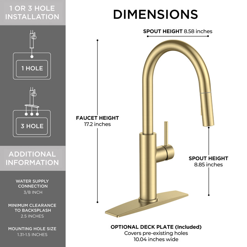 Kitchen Faucet With Pull Down Sprayer, Gold, Without Soap Dispenser