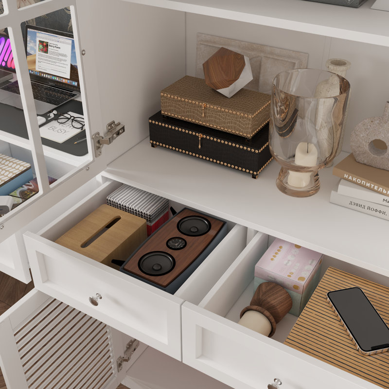 Multifunctional Desk With Integrated Bookcase And Display Cabinet - Elegant White Finish