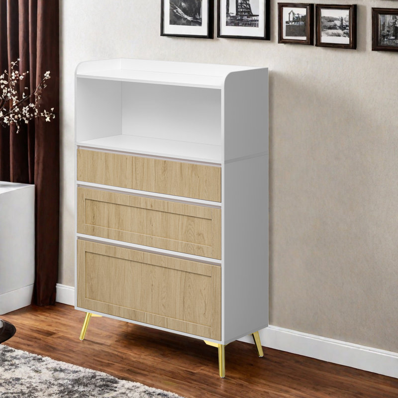 Armoire de rangement à trois tiroirs pouvant être utilisée dans la salle à manger, la cuisine ou la chambre à coucher. Cadre en bois massif blanc