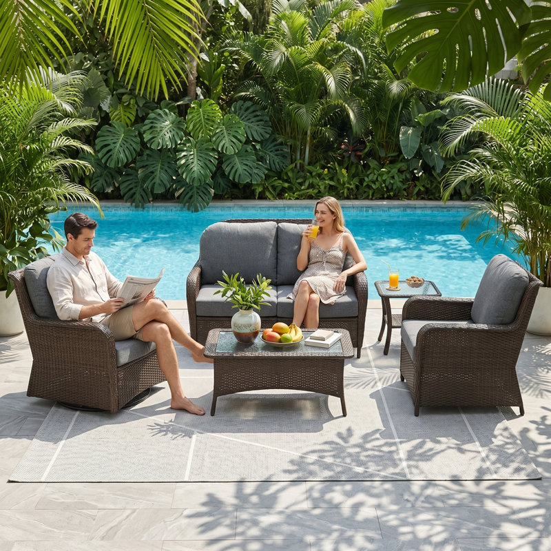 4-Person Outdoor Wicker Conversation Set with Cushions, Swivel Chairs & Coffee Table - Weatherproof Patio Sofa Set