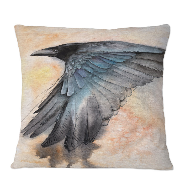 Coussin Black Raven Spread Its Wings - imprimé traditionnel, 16 po x 16 po