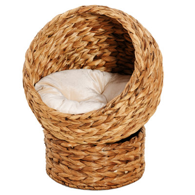 Handwoven Elevated Cat Bed With Soft Cushion & Cat Egg Chair Shape,Raised Wicker Cat Bed for Indoor 