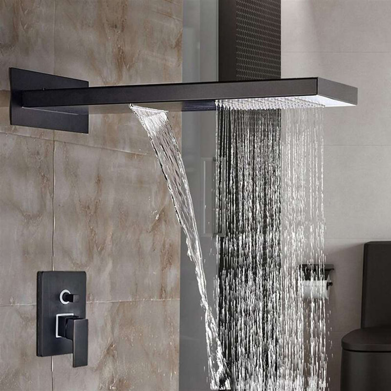 FontanaShowers Fiego Matte Black 2 Way Function Shower Set Wall Mount Brass Dual Control with Rainfall and Waterfall Shower Head