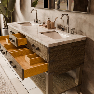 Meuble-lavabo double en chêne blanc 60 po X P 22 po D, comptoir en marbre de Carrare, ensemble de robinet et Miroirs