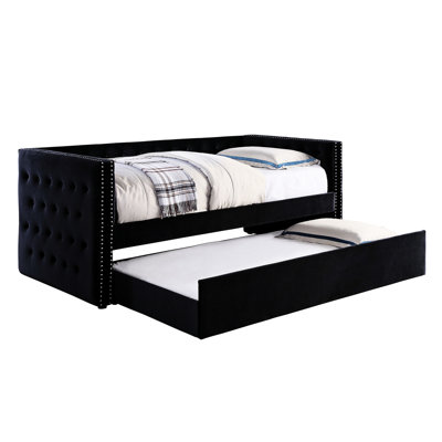 Daybed With Trundle Featuring Black Padded Flannelette Upholstery, Transitional Style, Design, Button , Nailhead Trim, Slat Kit Upholstered Trundle,