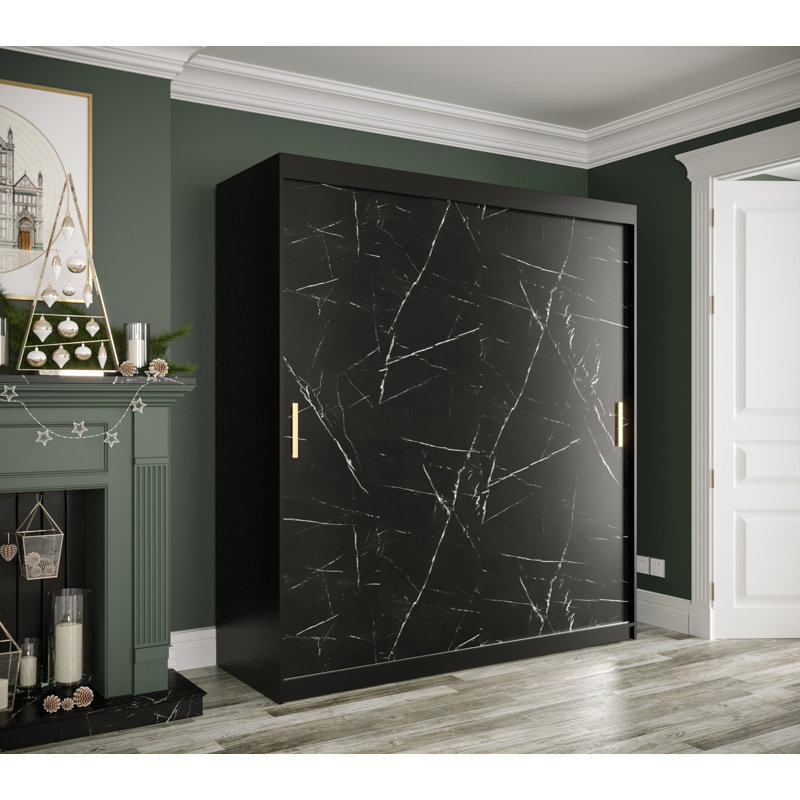 Almantas Manufactured Wood Wardrobe, 200cm H x 180cm W x 62cm D, Black Matt/Black Marble