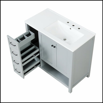 Meuble-lavabo gris 36 po avec lavabo en céramique, deux portes, deux tiroirs et une tablette ouverte