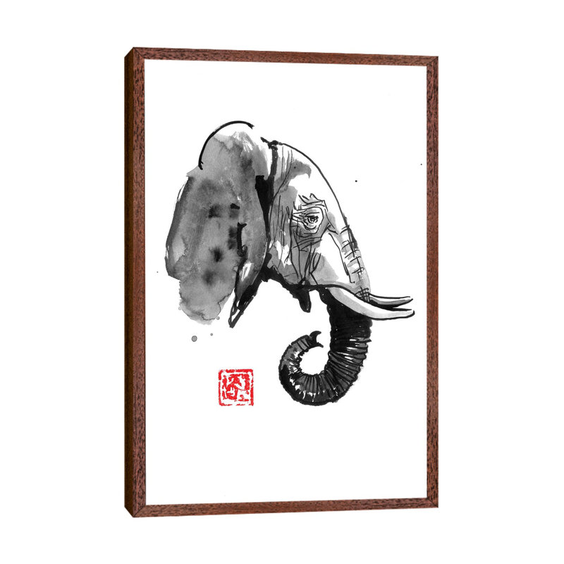 Elephant Profile by Péchane - Painting on Canvas, 152.5 cm H x 101.5 cm W, Classic Brown Wood Framed