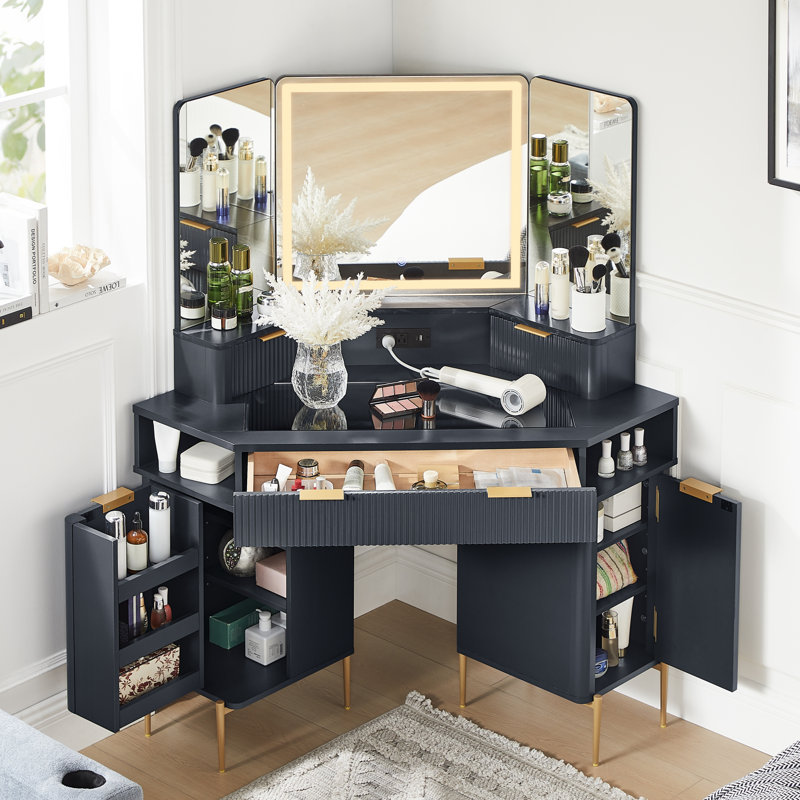 48" Corner Makeup Vanity With 3 Led Mirror, Dark Gray