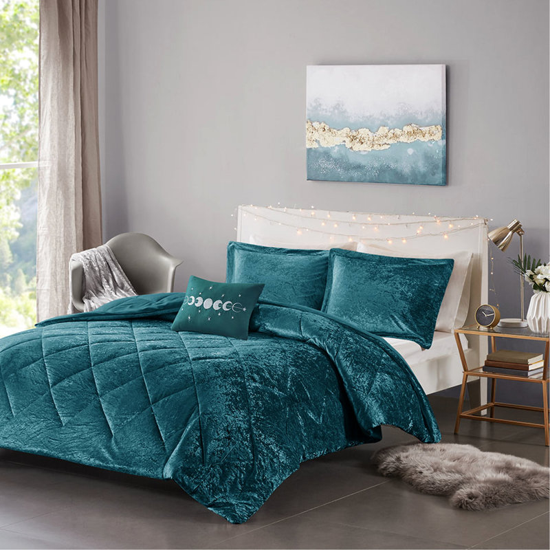 Couette en velours turquoise pour lit double/queen - Motif diamant - Comprend oreillers et garniture de literie de qualité supérieure