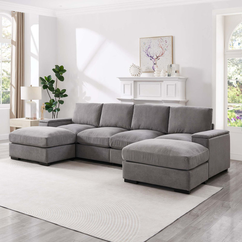 Canapé modulaire en velours côtelé avec repose-pieds et rangement pour accoudoirs, Velours côtelé - Gris