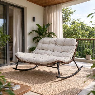 Fauteuil à bascule Papasan double, fauteuil à bascule 2 places en rotin PE avec coussins en mousse beige haute résilience