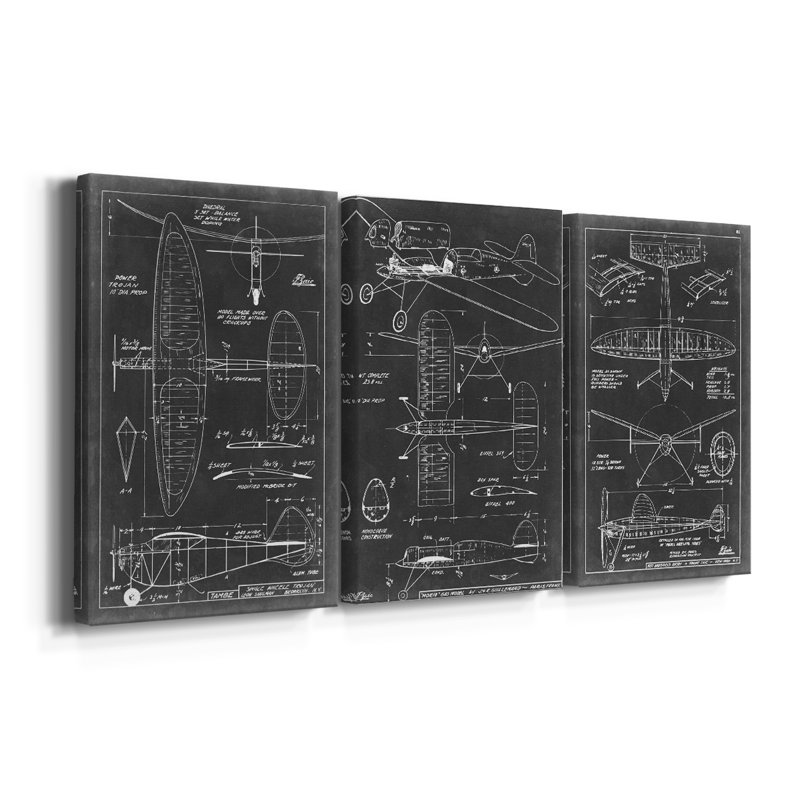 Plan aéronautique I - Toile tendue sur mesure avec châssis - 3 pièces, H 12 po x l 24 po
