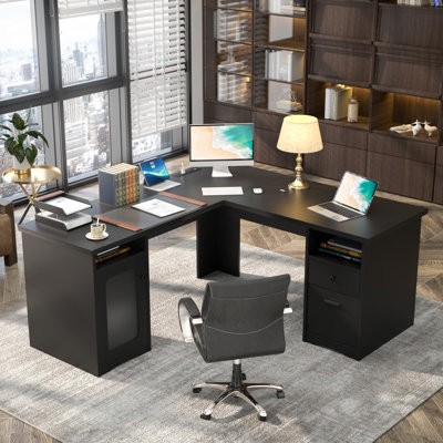 Detcho 60'' L Shaped Executive Desk with Drawers and Power Outlets