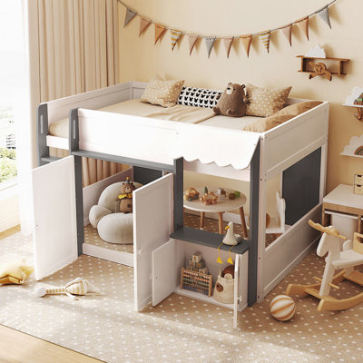 Lit mezzanine avec maisonnette et rangement, lit en bois moderne