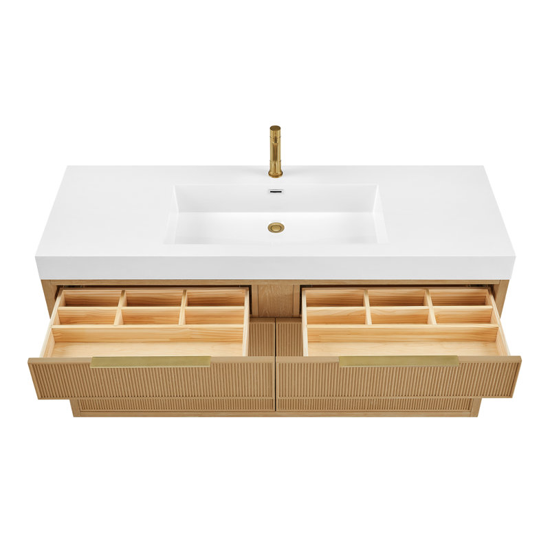 Grunwald 60" Single Bath Vanity in Washed Ash Grey with White Integrated Stone Sink Top