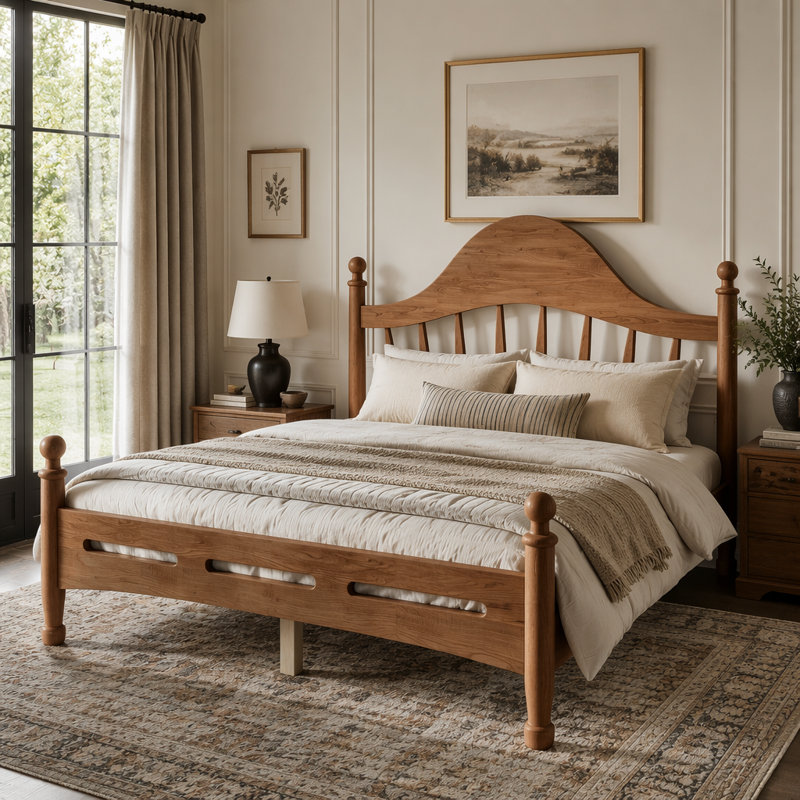 Platform Bed with Chic Headboard, Antique brown