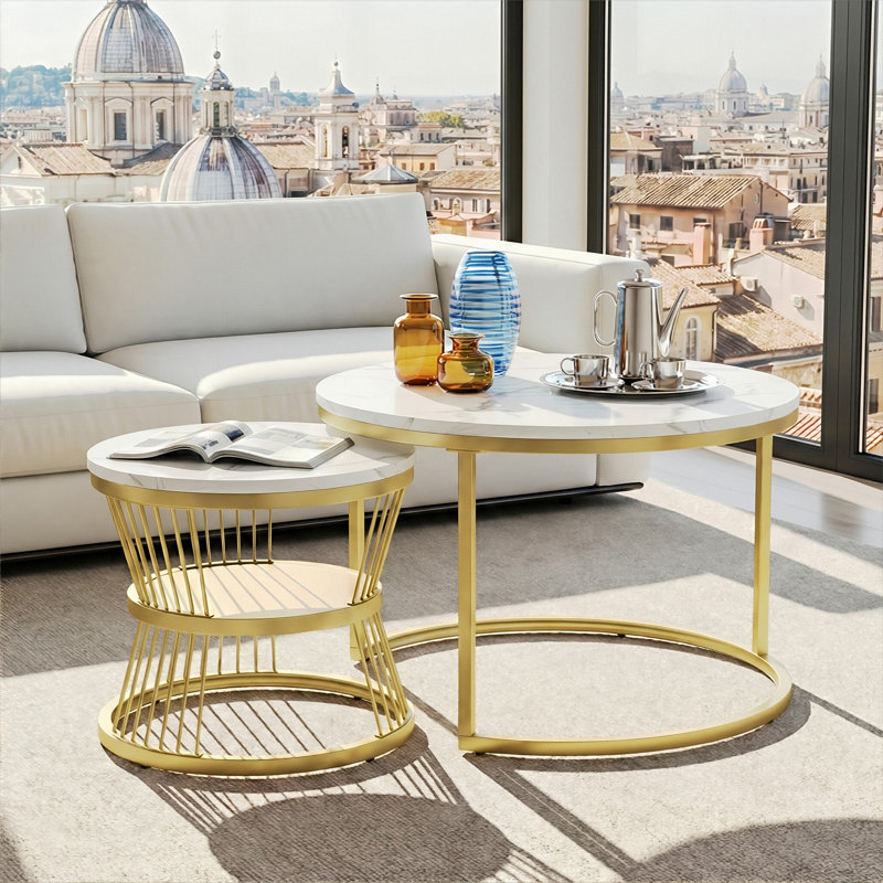 Round Nesting Coffee Tables Set (70+45cm), High-Gloss Faux Marble Top With Wire Metal Frame, White/Gold