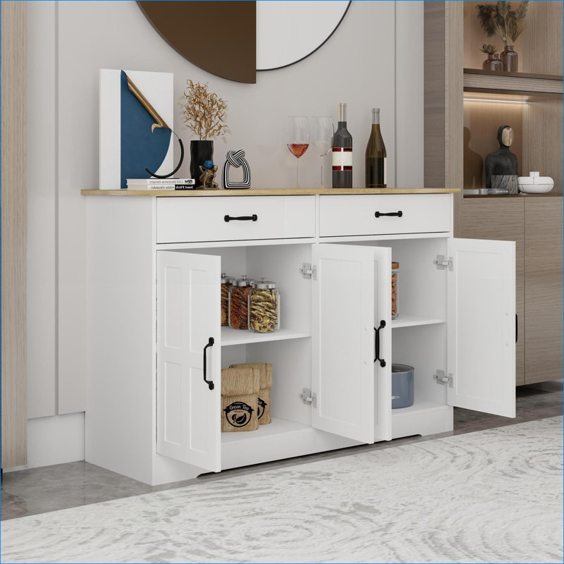 Armoires, buffet de rangement blanc cassé 47,95 po avec 2 tiroirs et 4 portes pour le salon / la salle à manger | Bois aggloméré | Cuisine