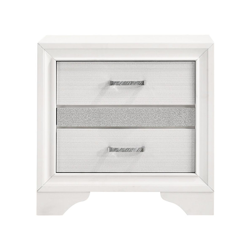 Table de chevet 2 tiroirs, blanc - Les poignées en strass ajoutent de l'éclat, des rayures scintillantes pour la chambre à coucher