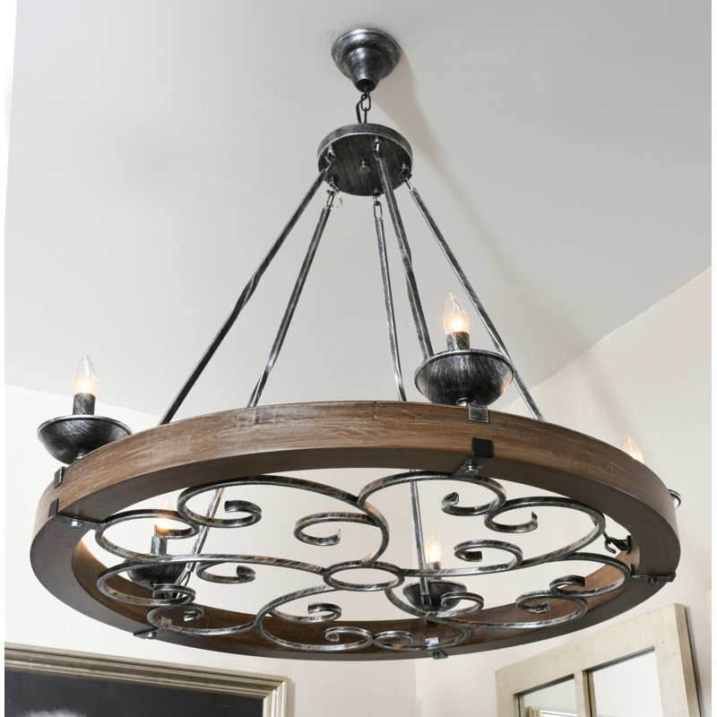 Ridgeline Rustic Wood and Metal Chandelier, 31.5" H x 38" W x 38" D