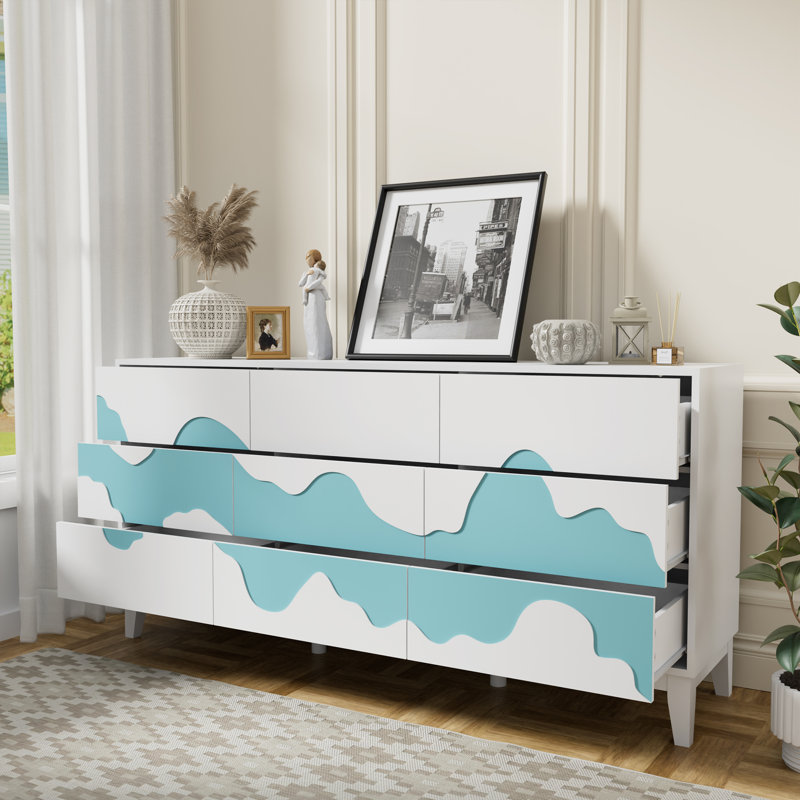 9 Drawer 63" W Flowing Water Pattern Dresser, White/Blue