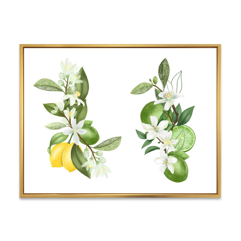 Bouquets de branches de citronnier en fleurs - Impression sur toile, Cadre flottant doré, H 24 po x l 32 po x P 1 po