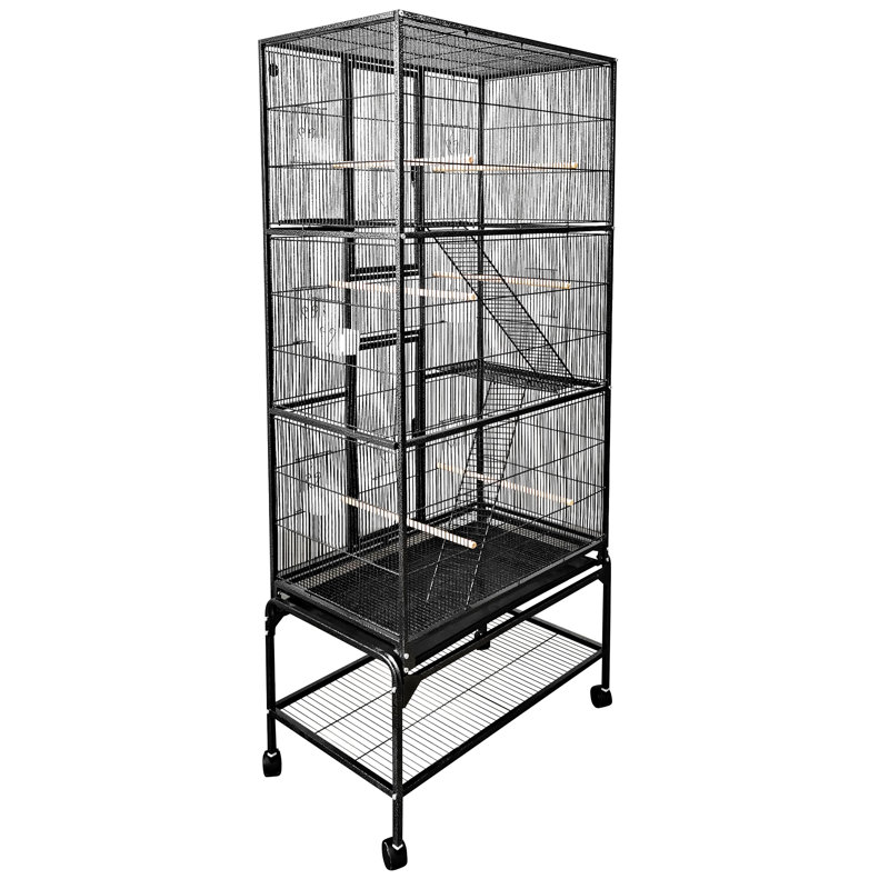 Black Multi-Level Iron Bird Cage with Ladders and Wheels