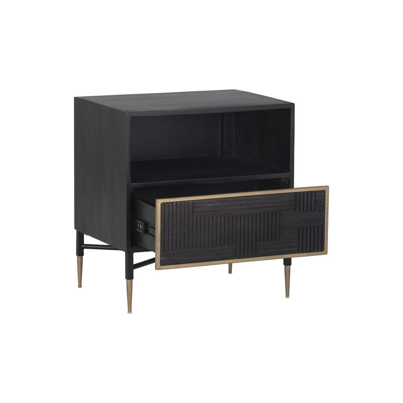 Dark Brown Mango Wood Nightstand with Brass Accents