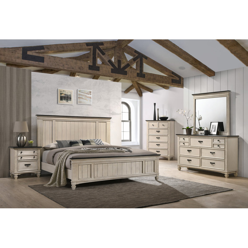 Amalee Cream/Brown Panel Bedroom Set Special , 6 Pieces: Bed,2 Nightstands,Dresser,Mirror,Chest, Queen