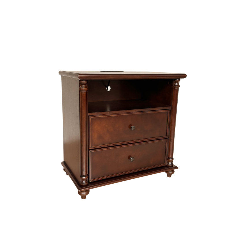Table de chevet rustique avec station de charge et deux tiroirs Chargenest, Walnut
