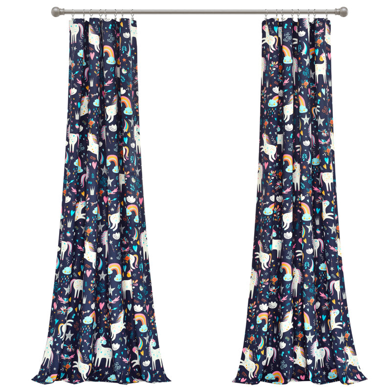 Unicorn Heart Semi Sheer Curtain Pair, Navy