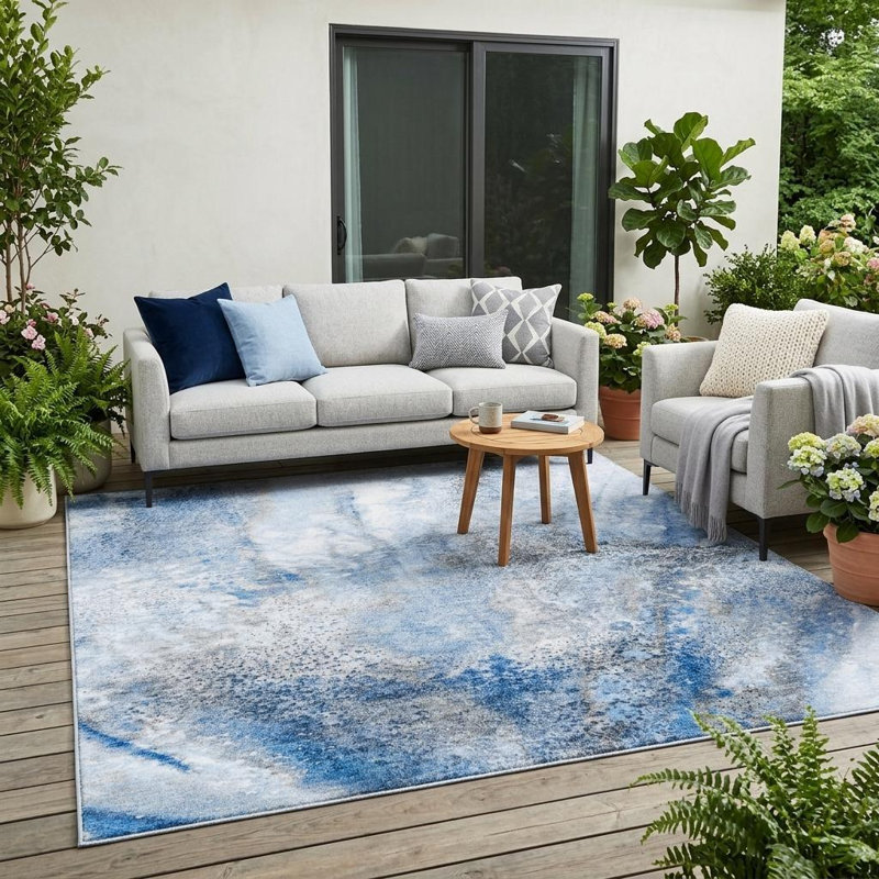 Tapis extérieur lavable antidérapant 5 pi x 8 pi bleu marine et gris