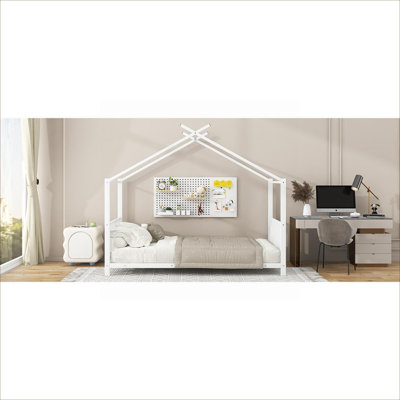Twin Size Platform Bed For Kids Bedroom, Clean White Metal House Frame With Slat Support No Box Spring Needed