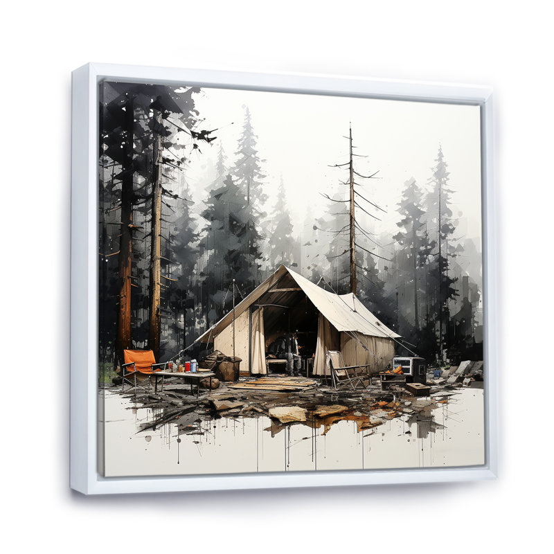 Tente de camping dans un paysage hivernal, Cadre flottant blanc, H 16 po x l 16 po x P 1 po