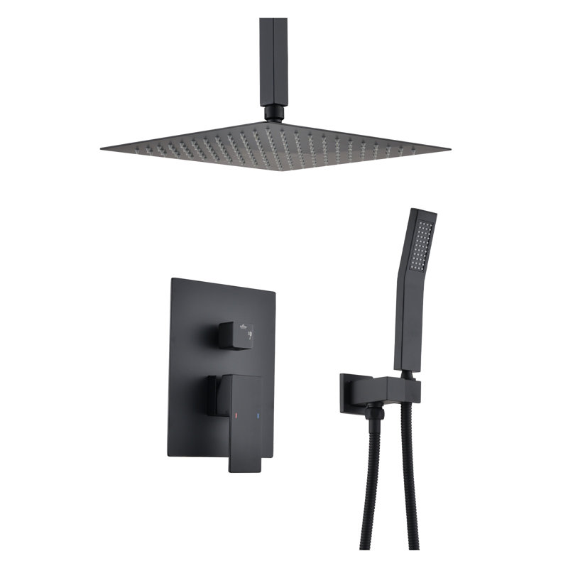 Système de douche au plafond noir mat avec pomme de douche à effet de pluie 10 po et combiné à main - Fabrication en laiton