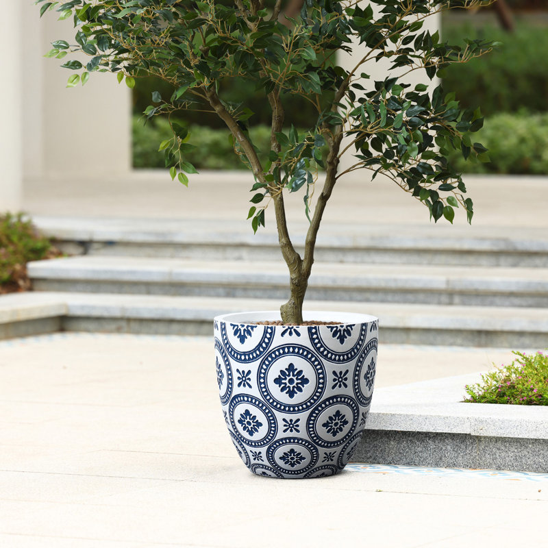 Blue and White Flower Pattern Round Tapered Tall Mgo Planter, Indoor and Outdoor, 11.8" H x 12.2" W x 12.2" D