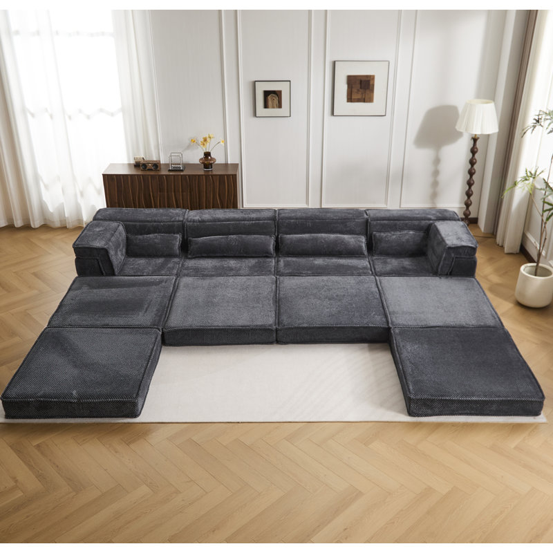 Canapé à compression Mahjong, canapé-lit convertible au sol, canapé modulaire modulaire désossé DIY, aucun assemblage requis, tissu polaire circulaire, surdimensionné à 4 places avec 1 repose-pieds, gris foncé